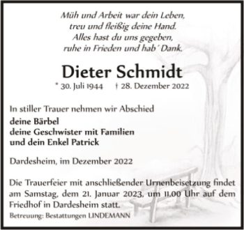 Traueranzeige von Dieter Schmidt  von Magdeburger Volksstimme