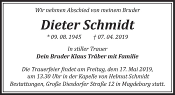 Traueranzeige von Dieter Schmidt  von Magdeburger Volksstimme