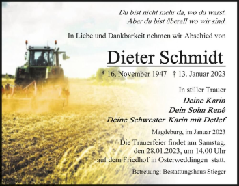 Traueranzeige von Dieter Schmidt  von Magdeburger Volksstimme