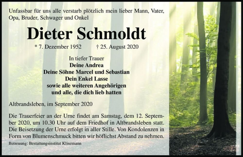 Traueranzeige für Dieter Schmoldt  vom 05.09.2020 aus Magdeburger Volksstimme