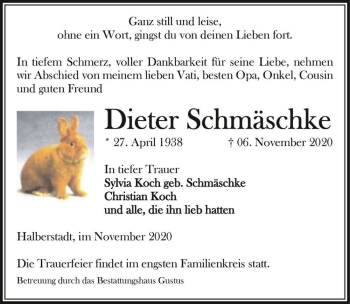 Traueranzeige von Dieter Schmäschke  von Magdeburger Volksstimme