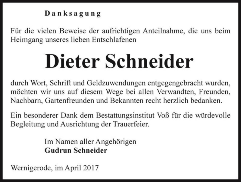  Traueranzeige für Dieter Schneider  vom 20.05.2017 aus Magdeburger Volksstimme
