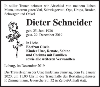 Traueranzeige von Dieter Schneider  von Magdeburger Volksstimme