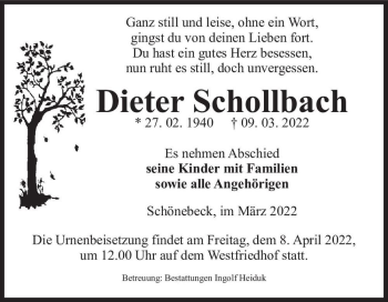 Traueranzeige von Dieter Schollbach  von Magdeburger Volksstimme