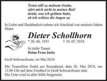 Traueranzeige von Dieter Schollhorn  von Magdeburger Volksstimme