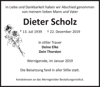 Traueranzeige von Dieter Scholz  von Magdeburger Volksstimme
