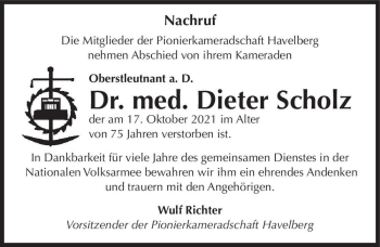 Traueranzeige von Dieter Scholz  von Magdeburger Volksstimme