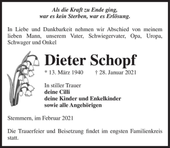 Traueranzeige von Dieter Schopf  von Magdeburger Volksstimme