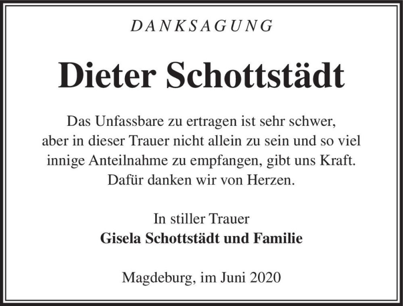 Traueranzeige für Dieter Schottstädt  vom 06.06.2020 aus Magdeburger Volksstimme