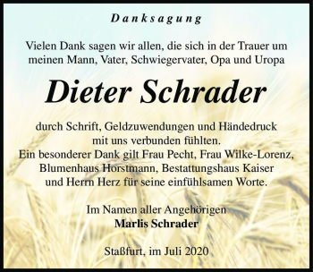 Traueranzeige von Dieter Schrader  von Magdeburger Volksstimme