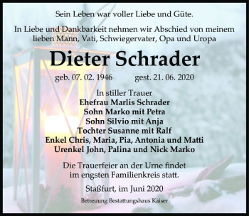 Traueranzeige von Dieter Schrader  von Magdeburger Volksstimme