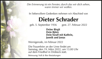 Traueranzeige von Dieter Schrader  von Magdeburger Volksstimme