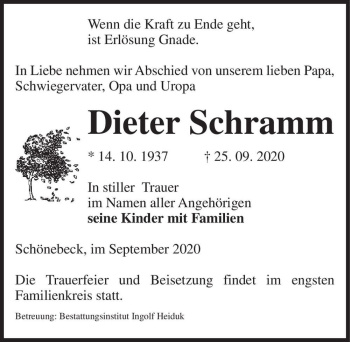 Traueranzeige von Dieter Schramm  von Magdeburger Volksstimme