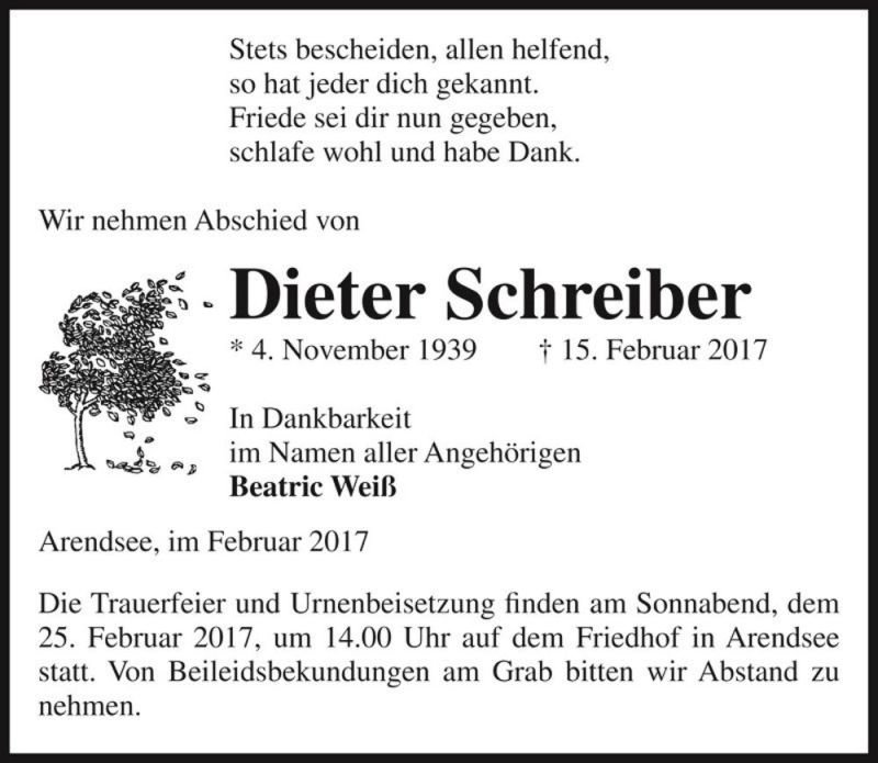  Traueranzeige für Dieter Schreiber  vom 18.02.2017 aus Magdeburger Volksstimme
