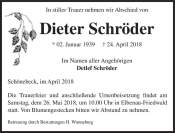 Traueranzeige von Dieter Schröder  von Magdeburger Volksstimme
