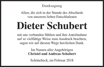 Traueranzeige von Dieter Schubert  von Magdeburger Volksstimme