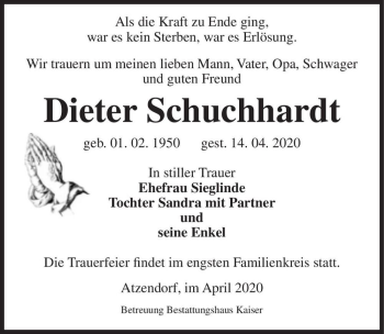 Traueranzeige von Dieter Schuchhardt  von Magdeburger Volksstimme