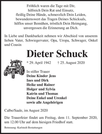 Traueranzeige von Dieter Schuck  von Magdeburger Volksstimme