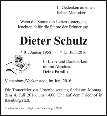 Traueranzeige von Dieter Schulz  von Magdeburger Volksstimme