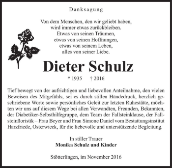 Traueranzeige von Dieter Schulz  von Magdeburger Volksstimme