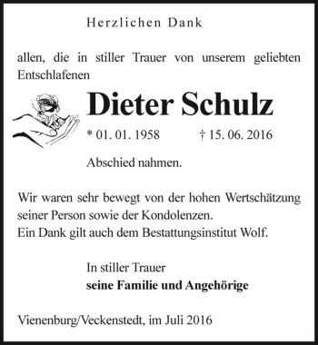 Traueranzeige von Dieter Schulz  von Magdeburger Volksstimme