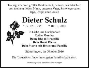 Traueranzeige von Dieter Schulz  von Magdeburger Volksstimme