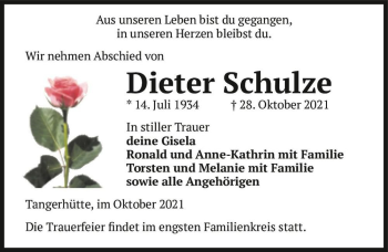 Traueranzeige von Dieter Schulz  von Magdeburger Volksstimme