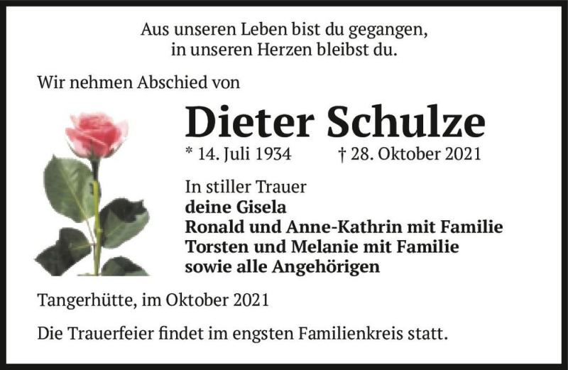  Traueranzeige für Dieter Schulz  vom 06.11.2021 aus Magdeburger Volksstimme