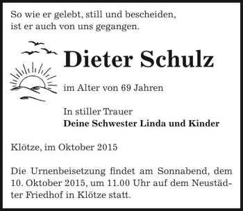 Traueranzeige von Dieter Schulz  von Magdeburger Volksstimme