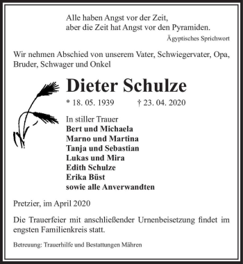 Traueranzeige von Dieter Schulze  von Magdeburger Volksstimme