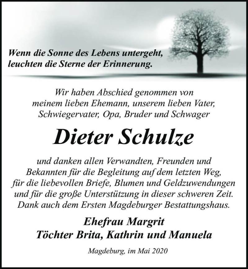  Traueranzeige für Dieter Schulze  vom 23.05.2020 aus Magdeburger Volksstimme