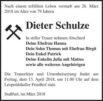 Traueranzeige von Dieter Schulze  von Magdeburger Volksstimme