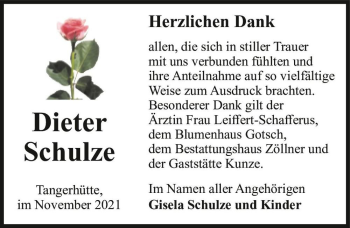Traueranzeige von Dieter Schulze  von Magdeburger Volksstimme