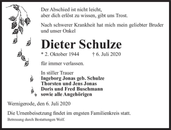 Traueranzeige von Dieter Schulze  von Magdeburger Volksstimme