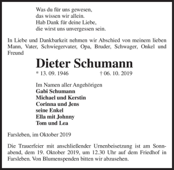 Traueranzeige von Dieter Schumann  von Magdeburger Volksstimme