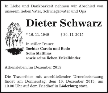 Traueranzeige von Dieter Schwarz  von Magdeburger Volksstimme