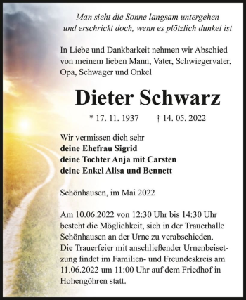 Traueranzeige von Dieter Schwarz  von Magdeburger Volksstimme