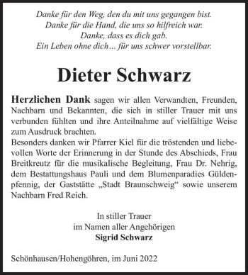 Traueranzeige von Dieter Schwarz  von Magdeburger Volksstimme