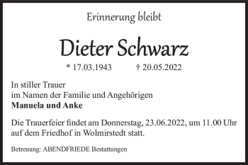 Traueranzeige von Dieter Schwarz  von Magdeburger Volksstimme
