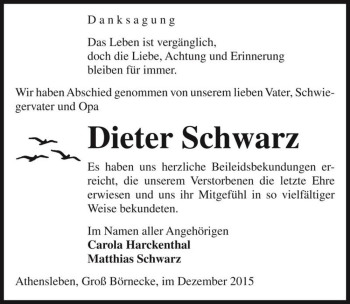 Traueranzeige von Dieter Schwarz  von Magdeburger Volksstimme