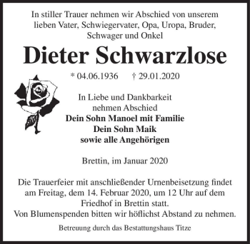 Traueranzeige von Dieter Schwarzlose  von Magdeburger Volksstimme