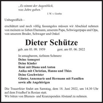 Traueranzeige von Dieter Schütze  von Magdeburger Volksstimme