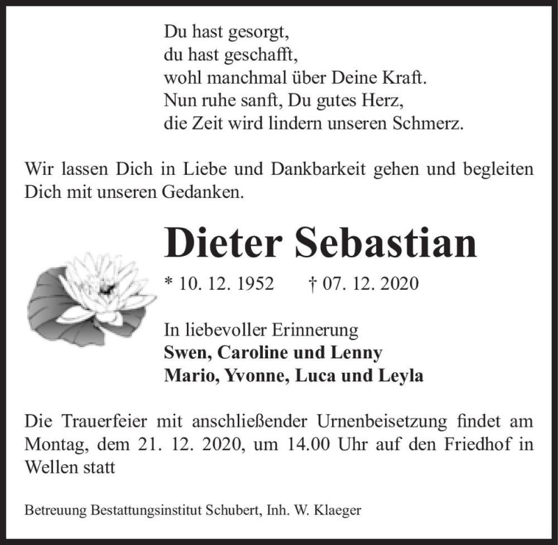  Traueranzeige für Dieter Sebastian  vom 12.12.2020 aus Magdeburger Volksstimme