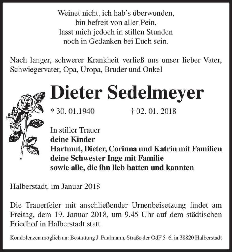  Traueranzeige für Dieter Sedelmeyer  vom 13.01.2018 aus Magdeburger Volksstimme