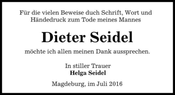 Traueranzeige von Dieter Seidel  von Magdeburger Volksstimme
