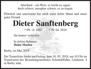 Traueranzeige von Dieter Senftenberg  von Magdeburger Volksstimme