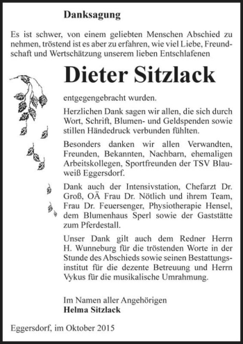 Traueranzeige von Dieter Sitzlack  von Magdeburger Volksstimme