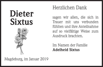Traueranzeige von Dieter Sixtus  von Magdeburger Volksstimme