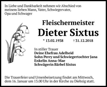 Traueranzeige von Dieter Sixtus  von Magdeburger Volksstimme