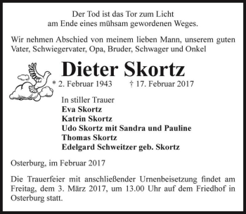 Traueranzeige von Dieter Skortz  von Magdeburger Volksstimme